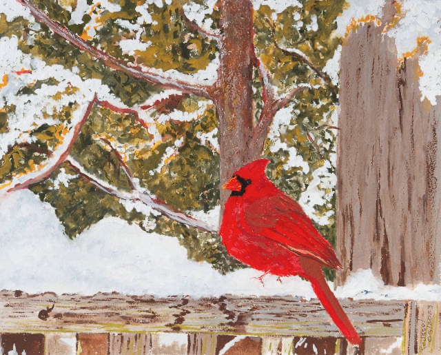 <B>Cardinal à tête noire</B>  <BR>Technique mixte - aquarelle et gouache sur papier<BR>24.1 cm x 19.1 cm  (9.5