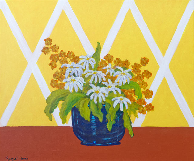<B>Marguerites dans le vase bleu</B> <BR>Acrylique sur toile <BR>50.8 cm x 60.96 cm  (20