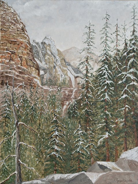 <B>Lac Medicine</B> <BR>Parc national Jasper, Alberta  <BR>Technique mixte - aquarelle et gouache acrylique  sur papier<BR>29.2 cm x 39.4 cm  (11.5