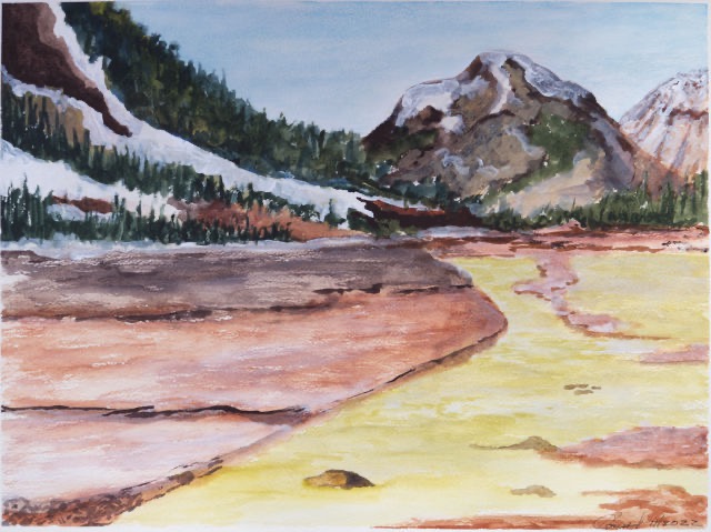 <B>Lac Medicine</B> <BR>Parc national Jasper, Alberta  <BR>Technique mixte - aquarelle et gouache acrylique  sur papier<BR>29.2 cm x 39.4 cm  (11.5