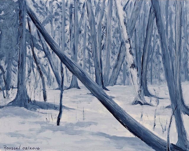 <B>La chute d'un arbre</B> (Étude)  <span style=color:purple>●</span>  <BR>Blue Mountain, Ont.  <BR>Acrylique sur panneau masonite  <BR>20.32 cm x 25.4 cm  (8