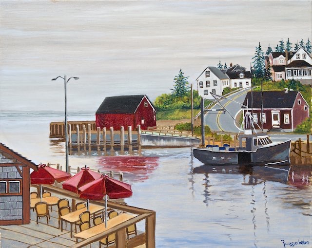 <B>Marée basse</B> <span style=color:red>●</span> <BR>Peggy's Cove, N.-É. <BR>Huile sur toile <BR>40.64 cm x 50.8 cm  (16