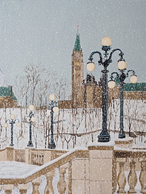 <B>Le Parlement</B> <span style=color:red>●</span>  <BR>Vue du Château Laurier <BR>Ottawa, Ont.  <BR>Huile sur toile <BR>60.96 cm x 45.72 cm (24