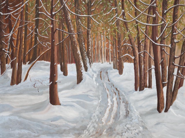 <B>Snowshoeing at Mer Bleue</B> <span style=color:purple>●</span>  <BR>Conservation area - Eastern Ontario  <BR>Oil on gallery canvas   <BR>60.96 cm x 45.72 cm  (24