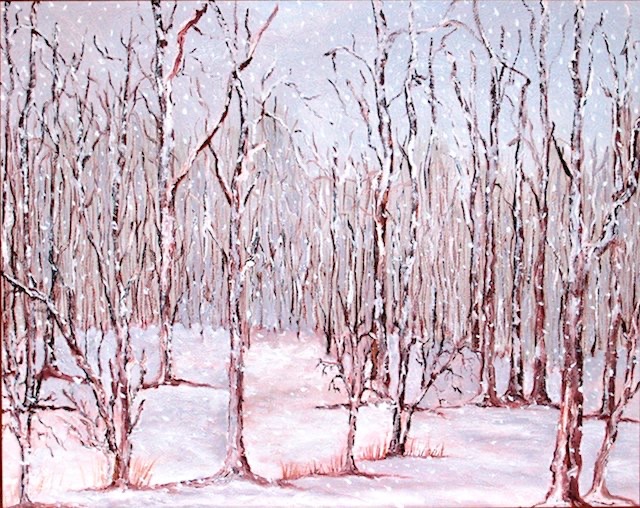 <B>Snowfall in the Forest</B> <span style=color:red>●</span>  <BR>Caledon, Ont.  <BR>Oil on canvas  <BR>40.64 cm x 50.8 cm  (16