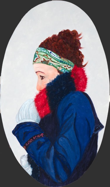<B>It's cold!</B>  <span style=color:purple>●</span> <BR>Series: Joie de Vivre  <BR>Gatineau, Qc <BR>Oil on oval wood panel <BR>49.5 cm x 29.2 cm (19.5