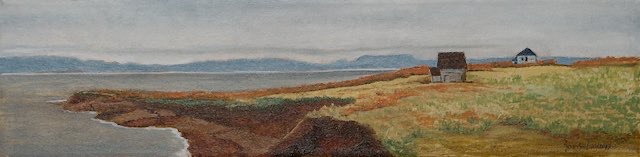 <B>Gaspé Peninsula,</B> Que. <span style=color:red>●</span> <BR>Oil on canvas  <BR>15.24 cm x 60.96 cm (6