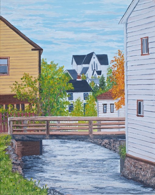<B>Brigus Bridge</B> <span style=color:orange>●</span>  <BR>Brigus, N.L.  <BR>Oil on canvas  <BR>50.8 cm x 40.64 cm  (20