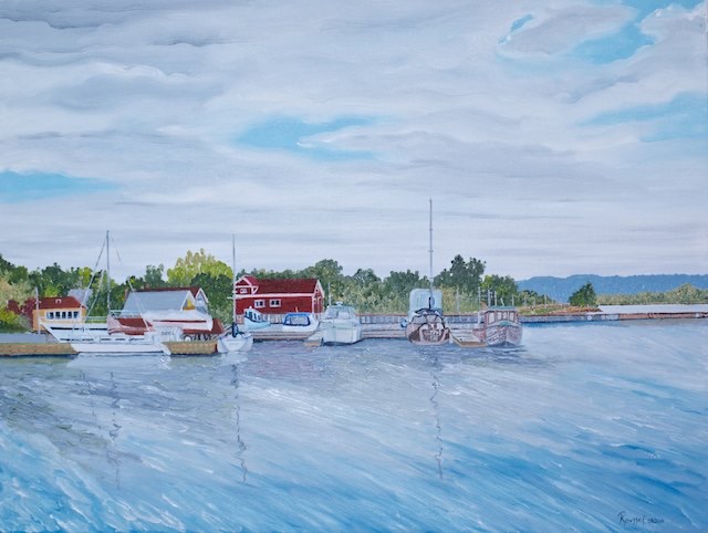 <B>Marina</B> <span style=color:purple>●</span>  <BR>Baddec, N.S. <BR>Oil on canvas <BR>45.72 cm x 60.96 cm  (18